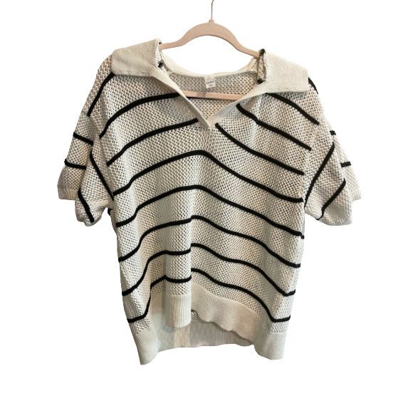 Old Navy White Black Knit Striped Collared Short Sleeve Sweater Top XXL Womens - Picture 1 of 11